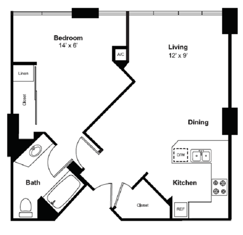Floor plan for 1 bed, 1 bath, 770 sqft